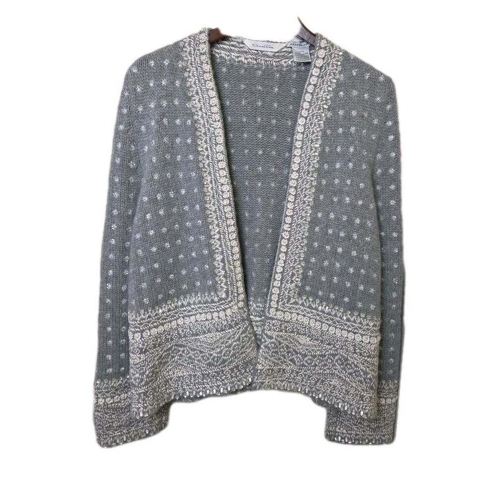 Vtg 90s Y2K OSCAR DE LA RENTA Cashmere Beaded Sequin Cardigan Jacket Gray Sz M - Picture 2 of 14